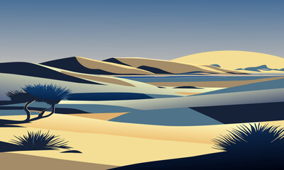 Landscape with small bushes in the desert, vector illustration.