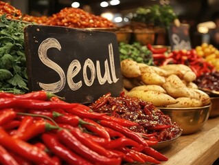 Vibrant Seoul Market Scene - Table Full of Colorful Chilies and Fresh Produce