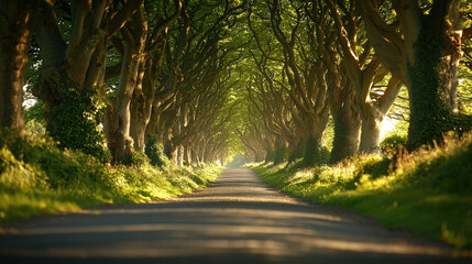 Obraz premium A serene tree-lined path inviting exploration in a lush green environment.