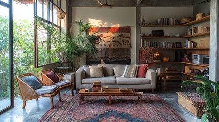 Fototapeta premium Cozy and Inviting Living Room with Natural Light and Plants