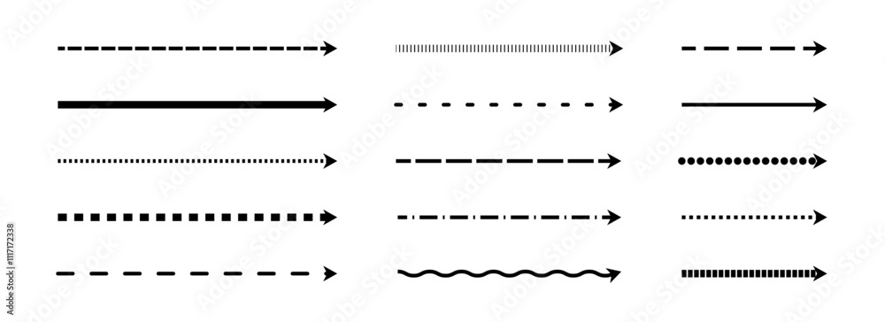 Aufkleber straight thin dashed arrow set. black long dotted arrows collection. linear stripe element bundle fo