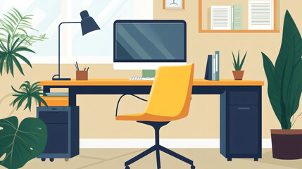 A remote work setup with a home office desk, computer, and comfortable chair.