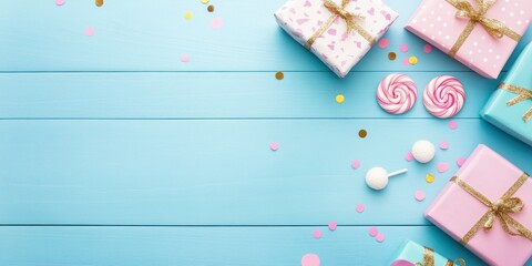 Colorful birthday party background with confetti, lollipops, and gifts on a blue wooden table, top view. Birthday concept.