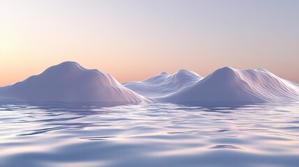 Serene water landscape with soft mountain silhouettes.