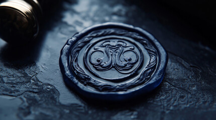 Close-up of a dark blue wax seal featuring an elegant monogram design