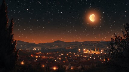 Nighttime moonlit village view rural landscape starry sky setting