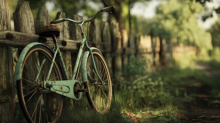 Fototapeta premium Vintage Bicycle Next to Rustic Fence in a Lush Green Landscape