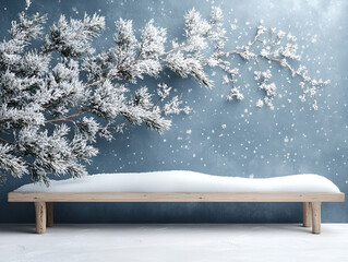 bench in the snow, a spruce branch weaves along the wall on a blue background