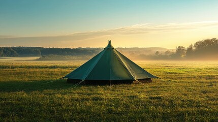 Green Tent in Serene Meadow at Sunrise with Misty Background