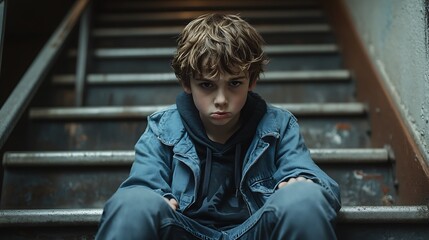 Fototapeta premium Emotional moment of a boy on stairs urban setting portrait gloomy
