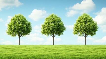 Fototapeta premium Three lush green trees under blue sky.