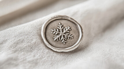 Close-up of a silver wax seal with a snowflake pattern