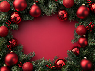 fir branches and large red balls are located along the border on a red background