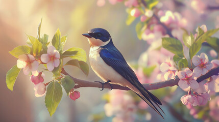 Obraz premium Beautiful Swallow in Spring perched on a blooming branch surrounded by pink flowers in soft sunlight