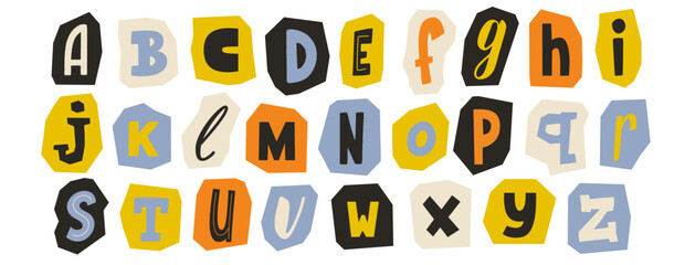 Fototapeta premium Cut out paper alphabet collection. Colorful different letter collage set. Cute craft doodle font element bundle for decoration, poster, banner, print. Ransom blackmail style abc pack. Vector