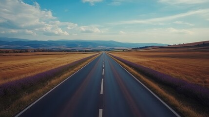 Serene Road Through Fields of Lavender and Rolling Mountains