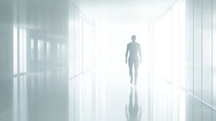 Fototapeta premium A figure walking through a bright corridor.