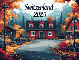 Charming Swiss Autumn House Amidst Vibrant Foliage with Switzerland 2025 text