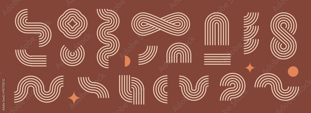 Poster Boho line element set. Brown wave, zigzag and arch form design. Mid century geo curve and arc collection. Different decorative ornamental shape bundle for badge, icon, poster, banner, template. Vector