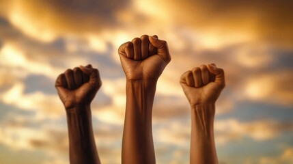 Raised Fists Against a Dramatic Sky Background