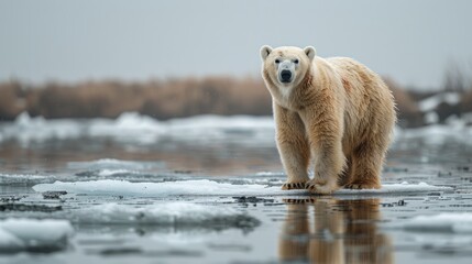 A majestic polar bear stands on melting ice, reflecting in the water.