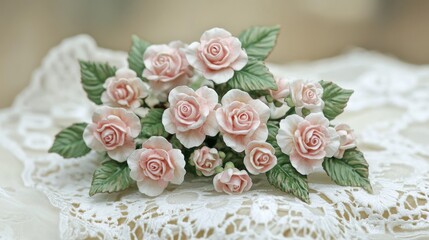 Delicate Pink Roses on Lace with Fresh Green Leaves Decoration