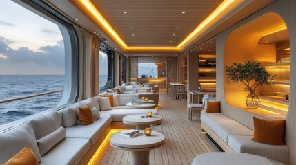 The yacht's interior showcases a sleek, modern design with stylish seating arranged around circular tables. Soft lighting enhances the inviting atmosphere as the sun sets over the ocean.