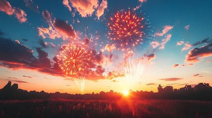 Fireworks exploding over sunset field.