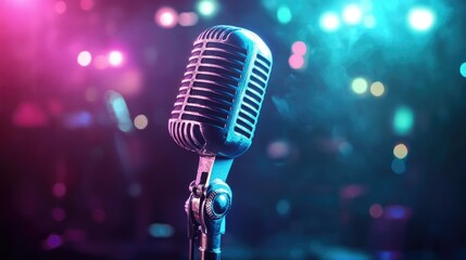 A vintage microphone stands against a colorful, illuminated background, suggesting a performance.