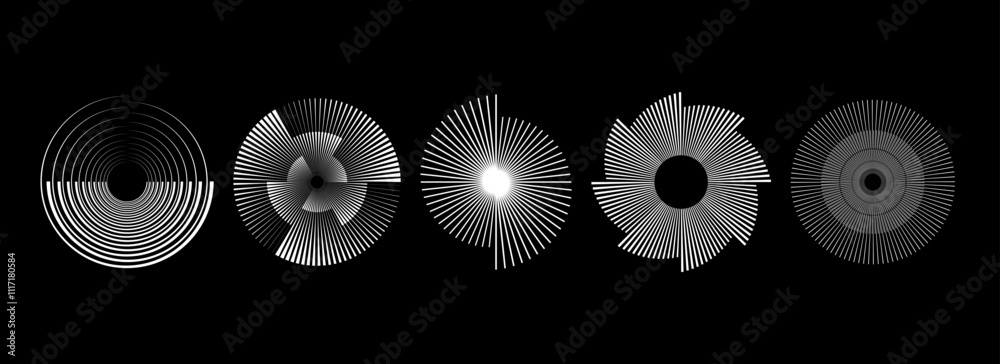 Poster White radial spiral pattern set. Circular spinning speed line form collection. Rotating circle sound wave concept. Abstract sunburst ray or beam element for icon, badge, logo, tag, label. Vector