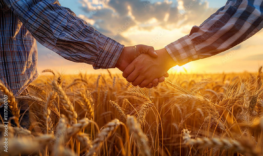 Poster two men shake hands in a field of wheat. the sun is setting in the background, casting a warm glow o