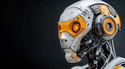 Futuristic robot head with vibrant orange accents and intricate mechanical details, showcasing advanced technology