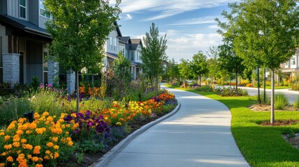Fototapeta premium Scenic Pathway with Colorful Flowerbeds in Residential Neighborhood