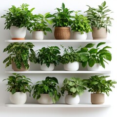 Fototapeta premium A vibrant display of various indoor plants arranged on white shelves, showcasing different pot styles and lush green foliage.