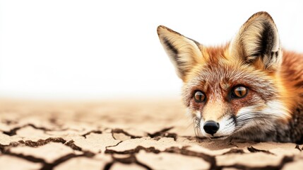 Obraz premium A fox rests on cracked, dry earth, symbolizing the impact of climate change and habitat loss in a stark, desolate landscape.
