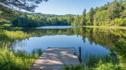 Tranquil Lakeside Scene with Wooden Dock Surrounded by Lush Green Trees and Reflections in Calm Water on a Clear Sunny Day