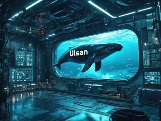 Advanced Spacecraft Interior with Holographic Whale - Futuristic Technology and Nature Simulation with Ulsan text
