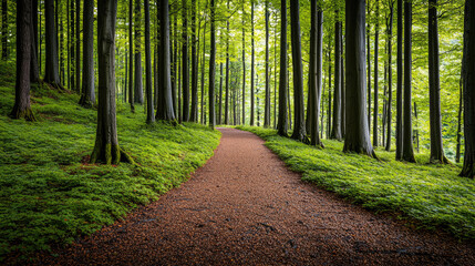 Obraz premium Serene forest pathway bordered by vibrant greenery and towering trees, inviting exploration.