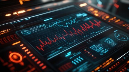 Futuristic medical interface displaying vital signs and health data on a digital screen.