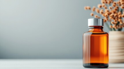 Amber Glass Bottle with Natural Decor Background