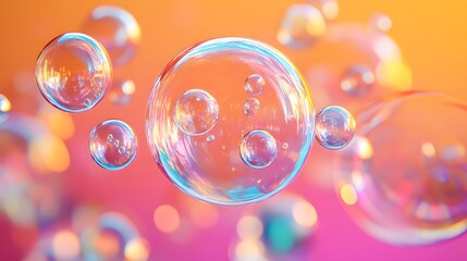 Naklejka premium Colorful transparent bubbles floating on a vibrant orange and pink background.