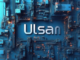 Stylized "Ulsan" within Sci-fi Digital Artwork: Futuristic Tech & Innovation Concept