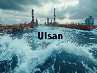 Dramatic Industrial Waterfront with Docked Oil Tankers and Overcast Sky