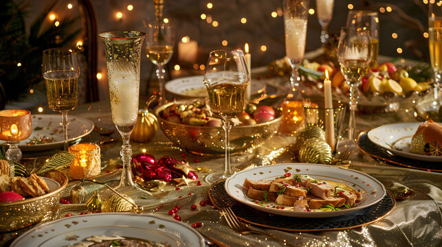 A table with a lot of food and drinks, including wine glasses and champagne flutes. The table is set for a fancy dinner party