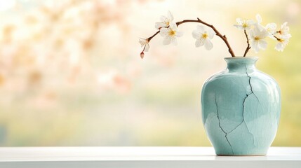 Fragile porcelain vase cracked and slightly tilted on white table,symbolizing vulnerability and fragility in life and relationships