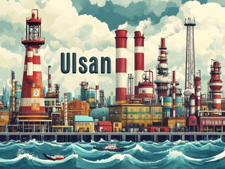 Industrial Landscape with Coastal Lighthouse - ulsan Refinery Scene