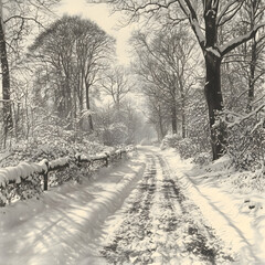 Snow-covered road winding through a snowy forest.