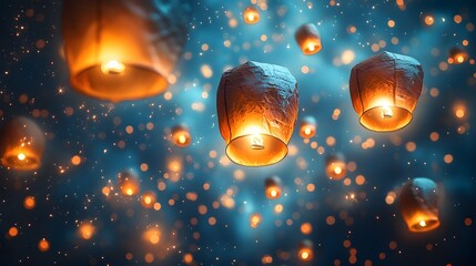 Obraz premium Glowing sky lanterns ascending at night.