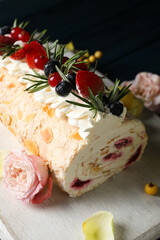 Meringue roll, concept of tasty and delicious food