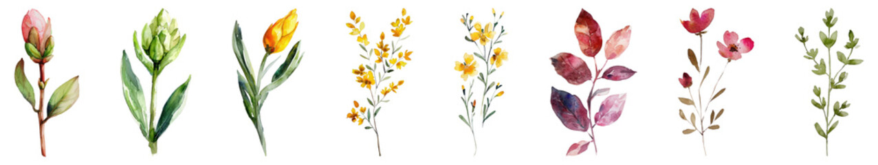 Obraz premium PNG Watercolor flowers leaf set on transparent background